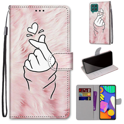 PU leather phone wallet case with white hand-heart sketch print, flip cover, card slots, and wrist strap