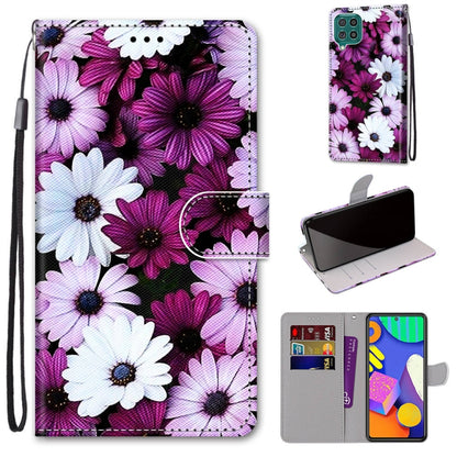 PU leather phone wallet case with purple and white flower print, flip cover, card slots, and wrist strap