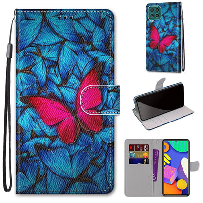 PU leather phone wallet case with blue floral leaf print, flip cover, card slots, and wrist strap