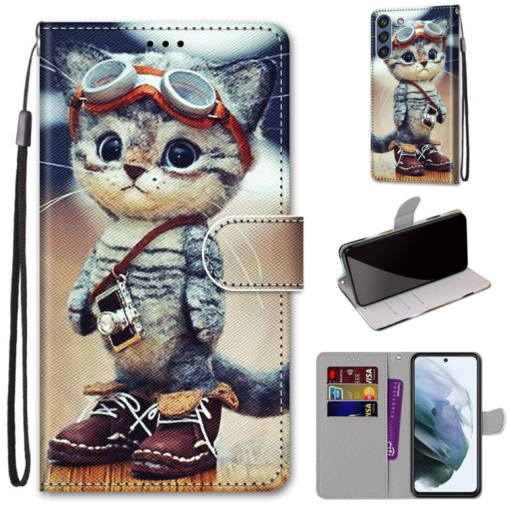 PU leather phone wallet case with cat astronaut print, card slots, and lanyard
