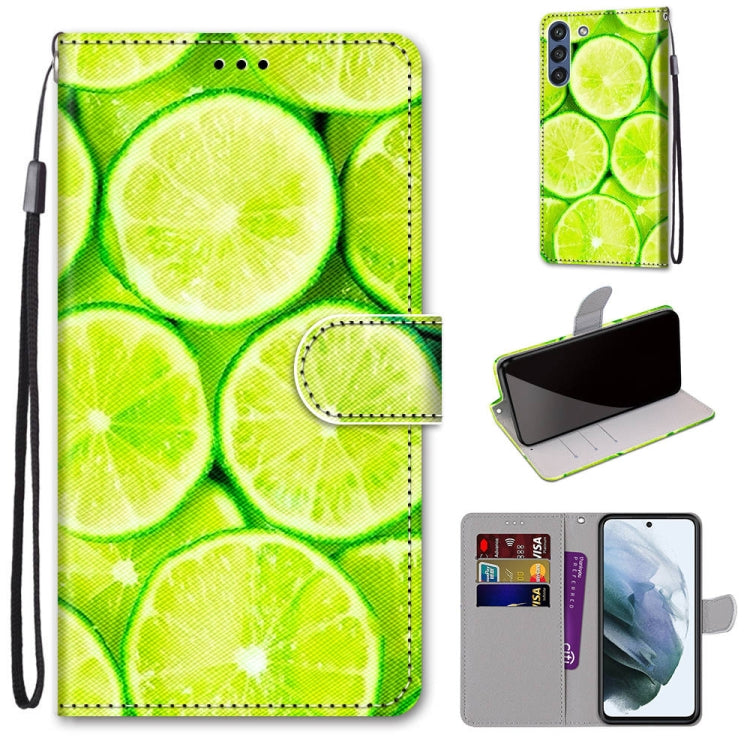 Phone wallet case with lanyard, green lime slice pattern, horizontal flip card pocket