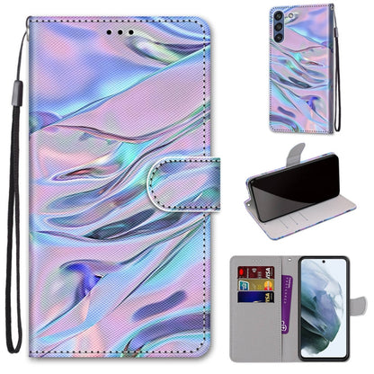 Phone wallet case with lanyard, iridescent wave pattern, horizontal flip card holder