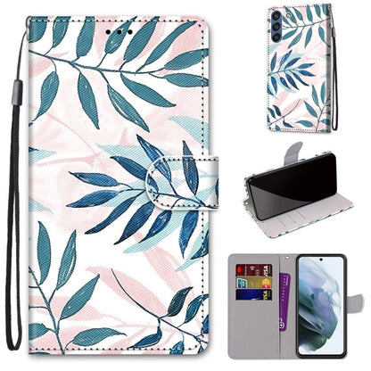 Leaf print flip PU leather phone wallet case with wrist strap and card slots