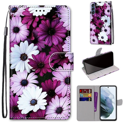 Purple and white daisy floral flip PU leather phone wallet case with wrist strap and card slots