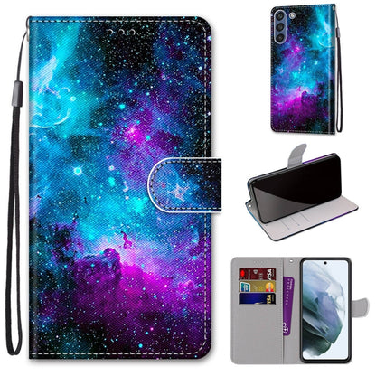 Phone wallet case with flip cover, blue purple starry galaxy print, card slots