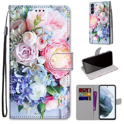 Phone wallet case with flip cover, colorful floral bouquet print, card slots