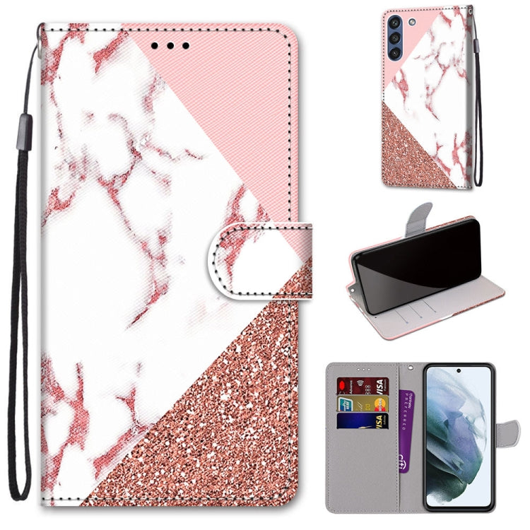Phone wallet case with flip cover, white and pink marble with glitter accents, card slots