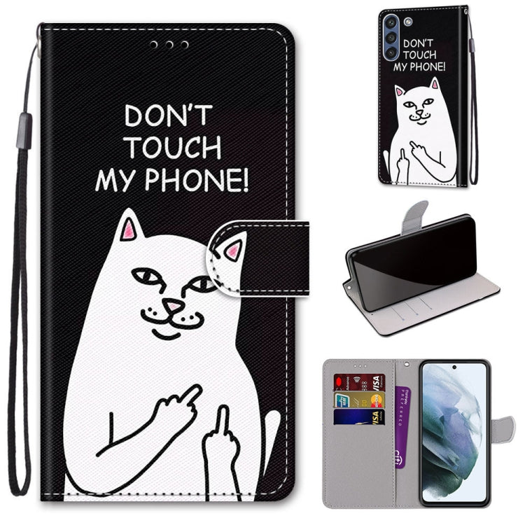 Phone wallet case with flip cover, black background with cat graphic, card slots