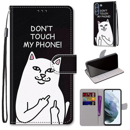 Phone wallet case with flip cover, black background with cat graphic, card slots