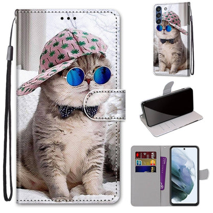 Phone wallet case with flip cover, cat portrait with blue glasses print, card slots