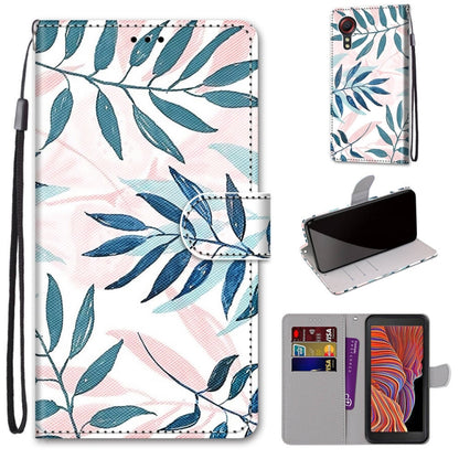 Leaf-pattern leather-look phone wallet case with lanyard, flip cover, and card slots