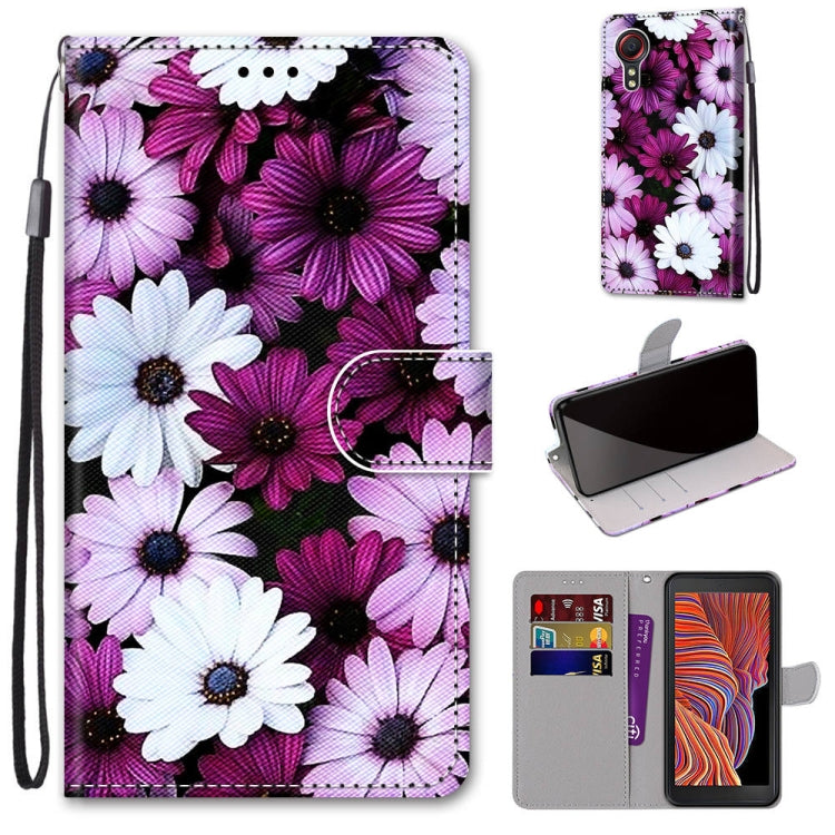 Purple and white flower print leather-look phone wallet case with lanyard and card slots