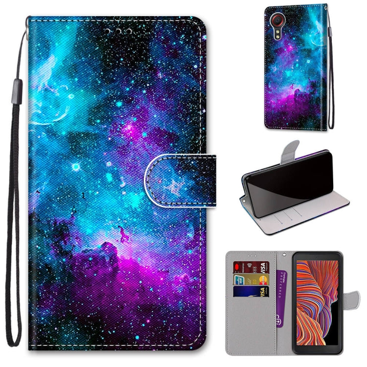 PU leather phone wallet case with galaxy blue-purple print, lanyard, card slots
