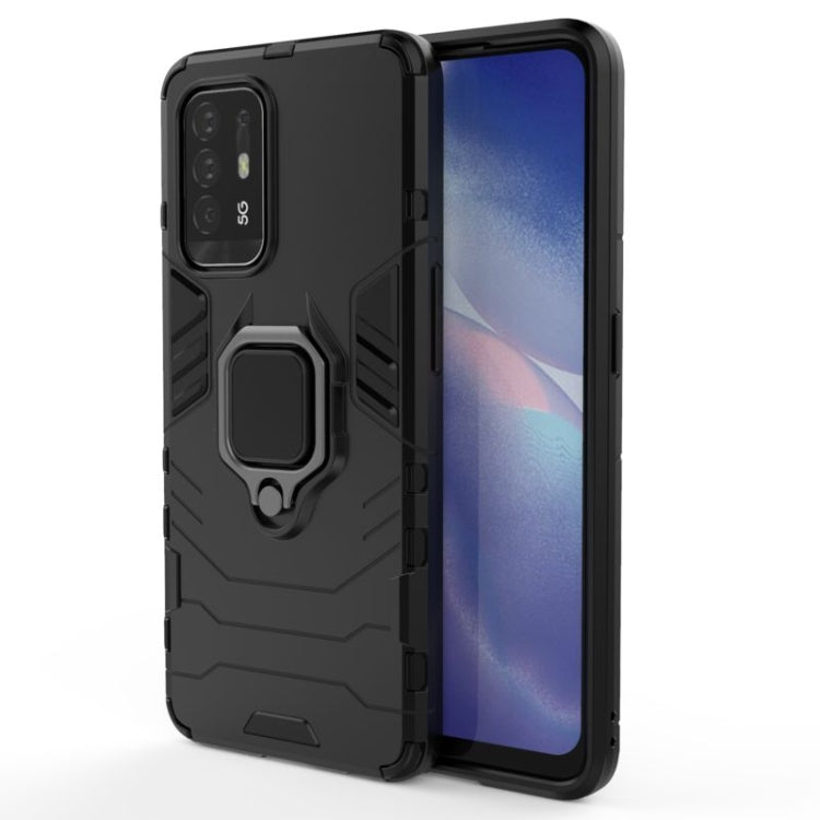 Shockproof protective phone case with magnetic ring holder, black PC + TPU shell