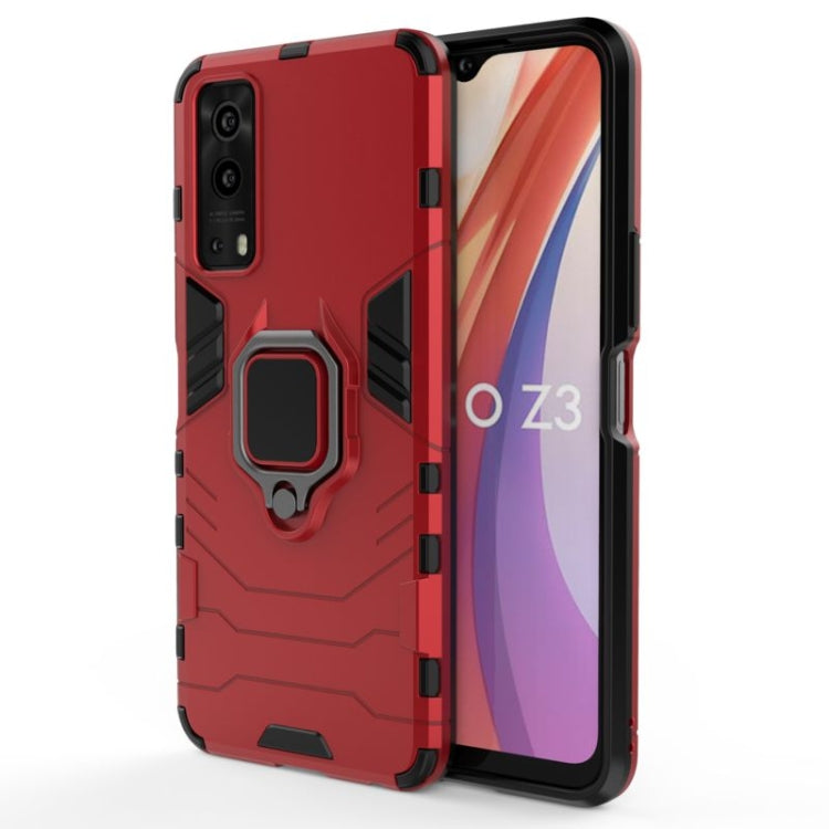 Red shockproof phone case with magnetic ring holder and side button cutouts