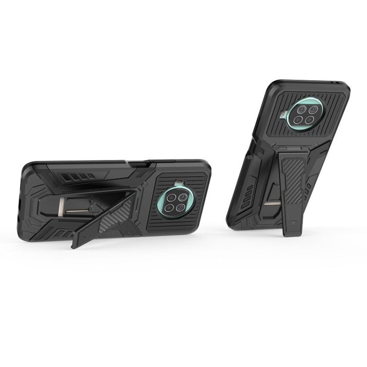 Rugged black phone case with built-in kickstand, camera protected