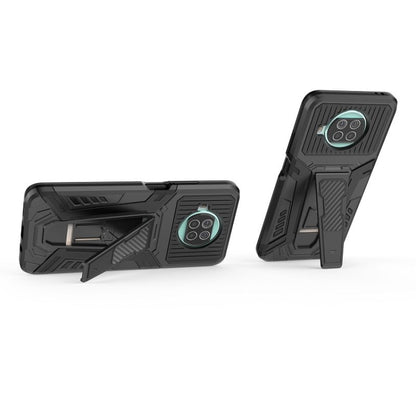Rugged black phone case with built-in kickstand, camera protected