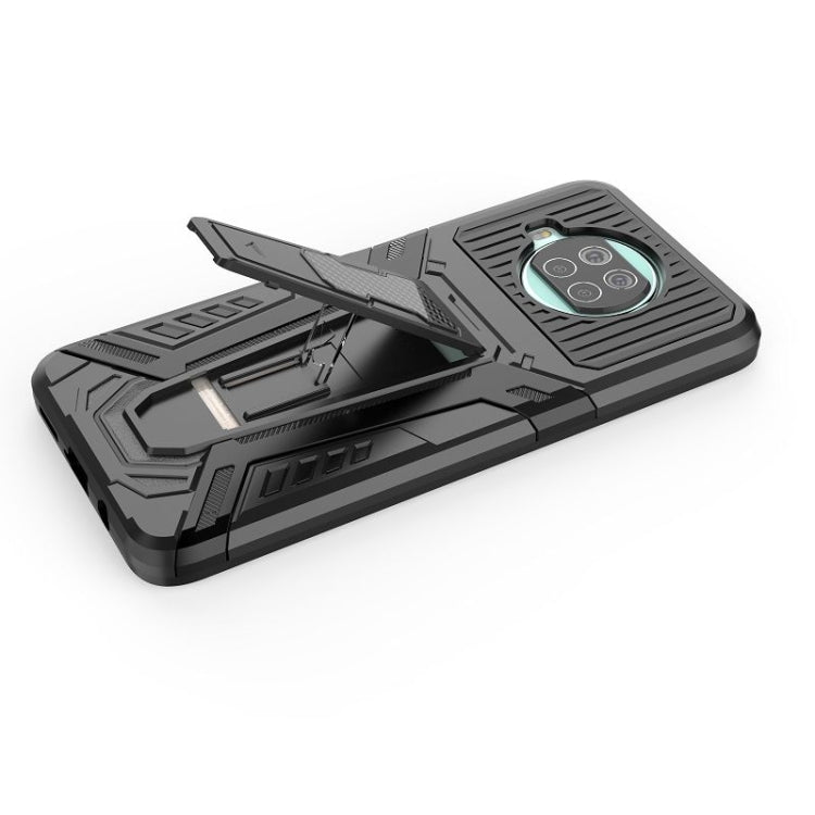 Rugged black phone case with stand open for viewing, camera cover included