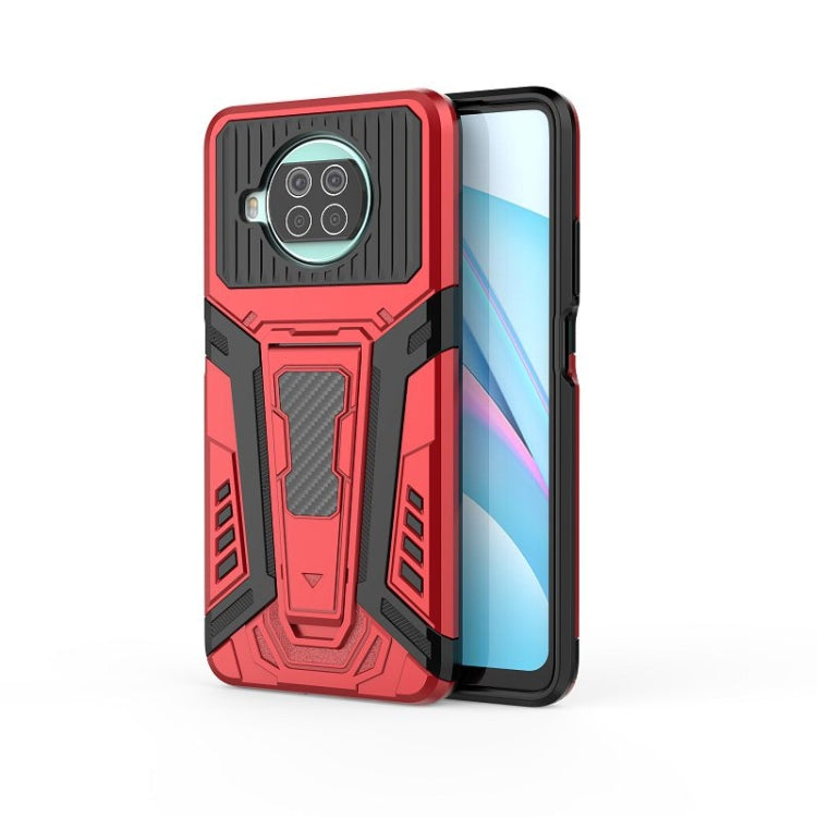 Rugged shockproof phone case with raised bezel and camera cutout, red and black