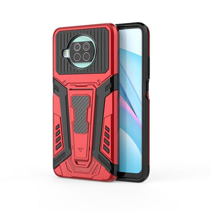 Rugged shockproof phone case with raised bezel and camera cutout, red and black