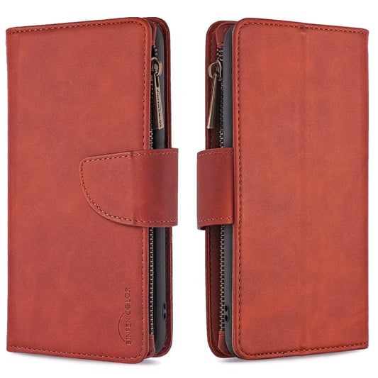 Brown PU leather flip phone wallet case with magnetic flap and side zipper