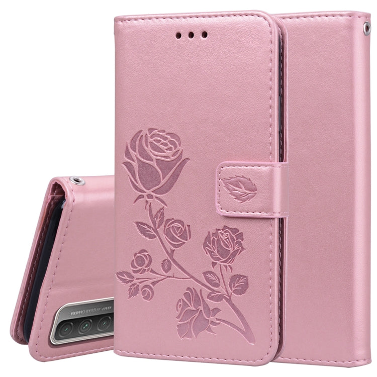 Pink rose-embossed PU leather flip phone wallet case with card holder and magnetic flap