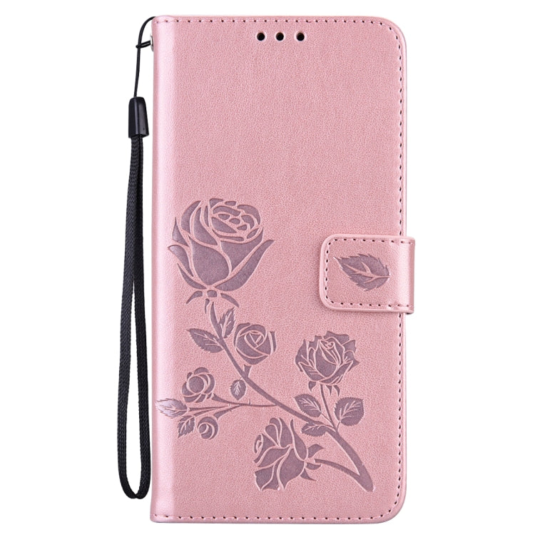 Pink rose-embossed PU leather flip wallet case with wrist strap and card pocket