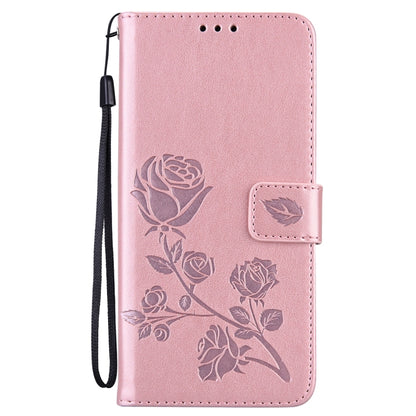 Pink rose-embossed PU leather flip wallet case with wrist strap and card pocket