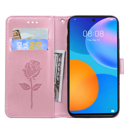 Pink PU leather flip phone wallet case with rose embossing, card slots, and window cover