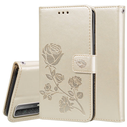 Cream rose-embossed PU leather flip phone wallet case with card holder and magnetic flap