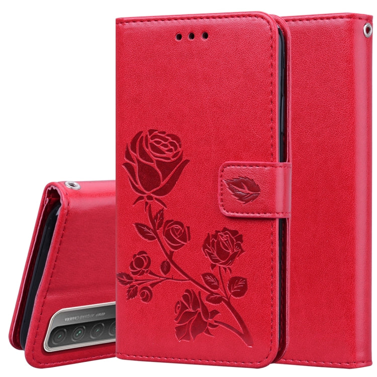 Rose-embossed PU leather phone wallet case with card slots, red floral design