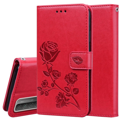 Rose-embossed PU leather phone wallet case with card slots, red floral design