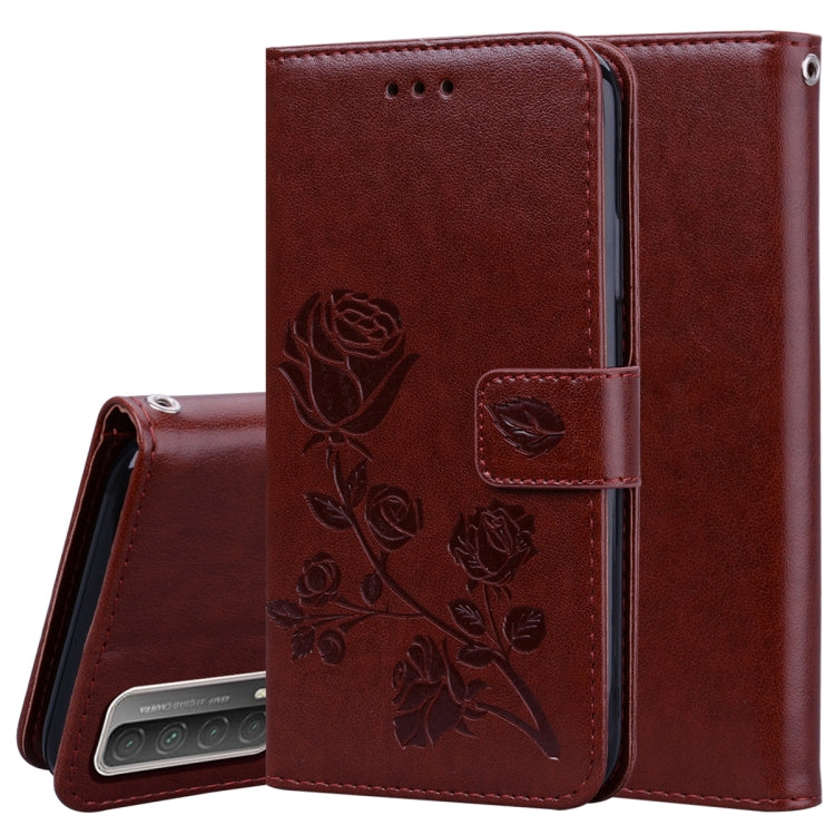 Rose-embossed PU leather phone wallet case with card slots, dark brown floral design
