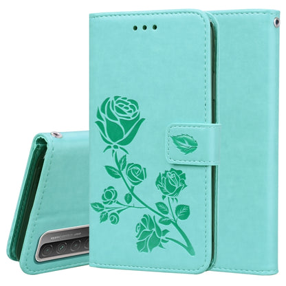 Rose-embossed PU leather phone wallet case with card slots, mint green floral design
