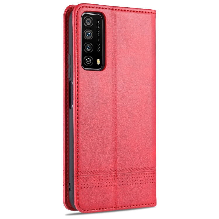 Red horizontal flip leather phone case with magnetic closure and camera opening