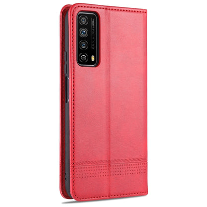 Red horizontal flip leather phone case with magnetic closure and camera opening