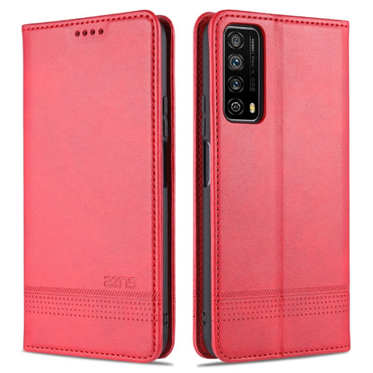 Red leather flip phone case with textured finish and camera cutout