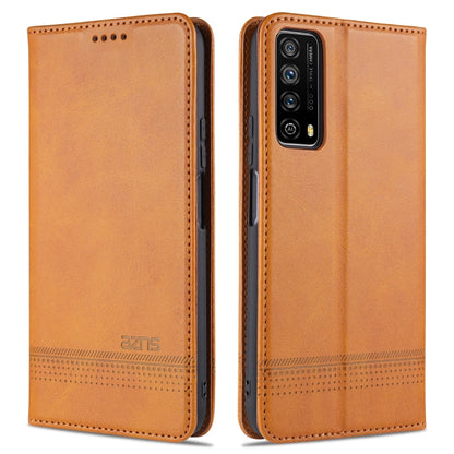Tan leather flip phone case with textured finish and camera cutout