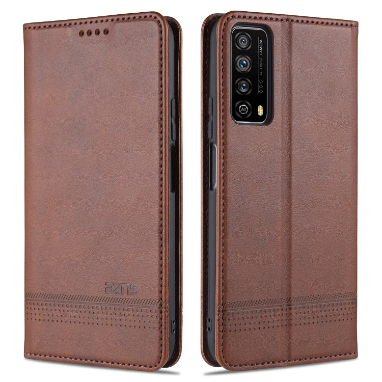 Brown leather flip phone case with textured finish and camera cutout