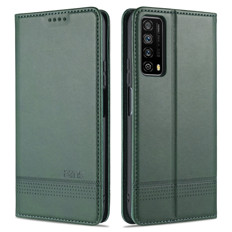 Magnetic flip leather phone case, dark green with stitched edges and camera cutout
