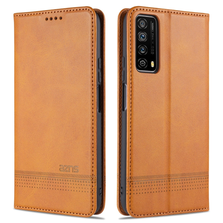 Magnetic flip leather phone case, light brown with stitched edges and camera cutout