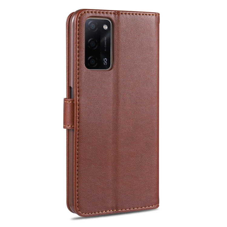 Brown leather flip phone case with camera cutout and stitched edge trim
