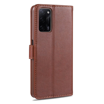 Brown leather flip phone case with camera cutout and stitched edge trim