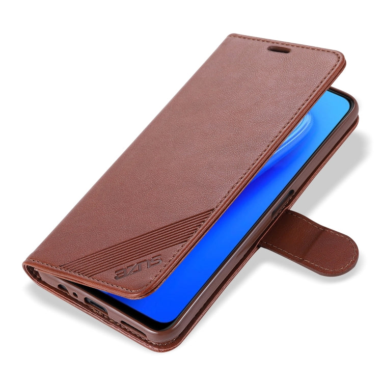 Brown leather flip phone case open view with elastic strap and card holder section
