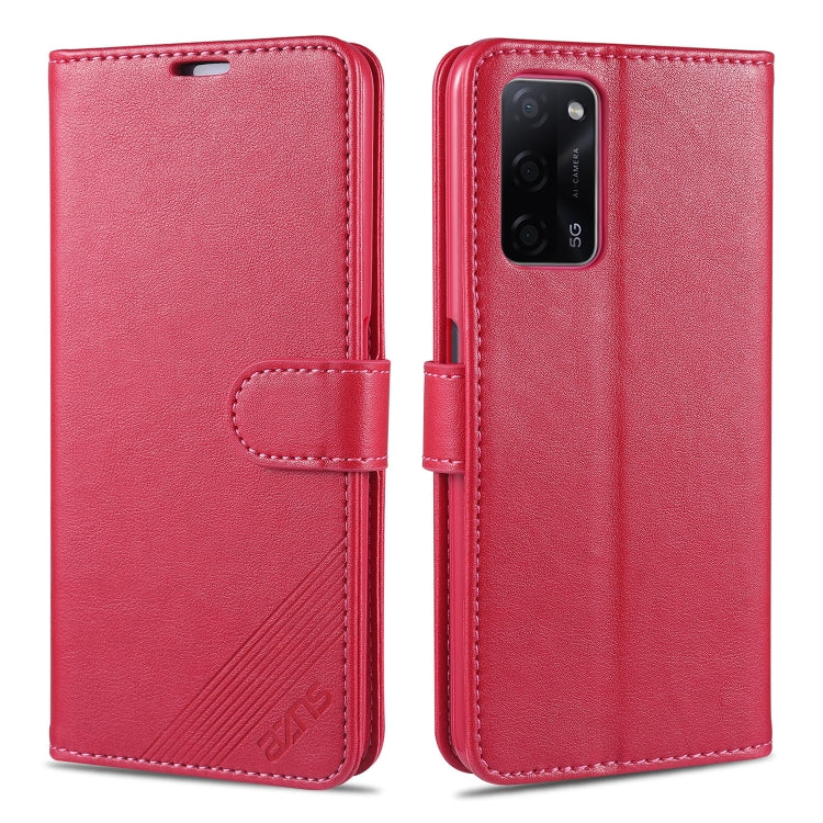 Red leather flip phone case with magnetic strap and camera cutout for OPPO A series