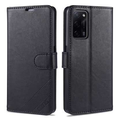 Black leather flip phone case with strap closure, textured front panel, and camera cutout