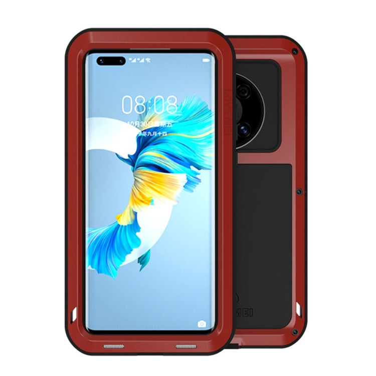 Red shockproof waterproof metal phone case with open-face screen shield and black back