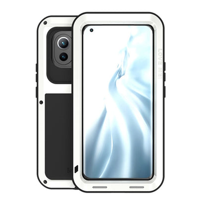 White shockproof waterproof phone case with raised bezel and camera cutouts
