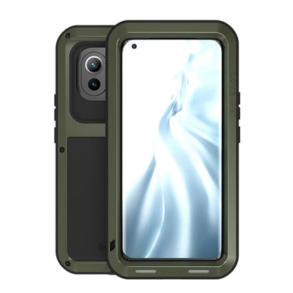 Olive green shockproof waterproof phone case with front screen opening and camera cutouts