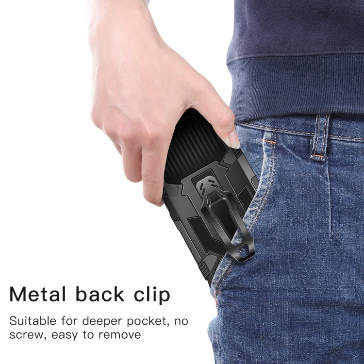 Black rugged protective phone case with textured back grips and metal clip